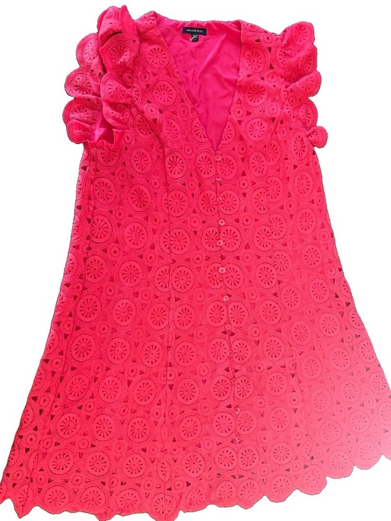 Skies Are Blue Dresses & Skirts - Skies Are Blue L Pink Crochet Lace Midi Dress Ruffle Sleeve V Neck Lined A-Line